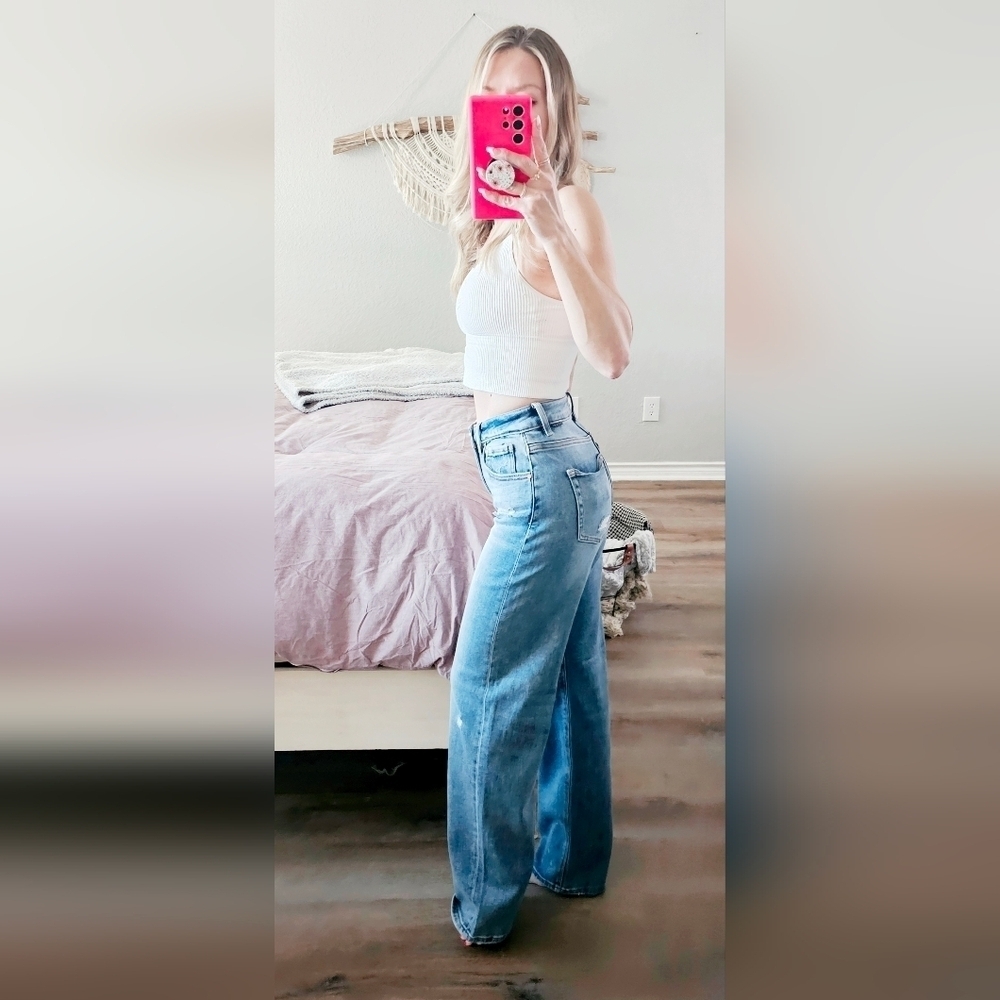 RISEN Women's Wide Leg Jeans Classic Retro Stretch Straight Medium HR 0/24 NEW - Picture 9 of 14